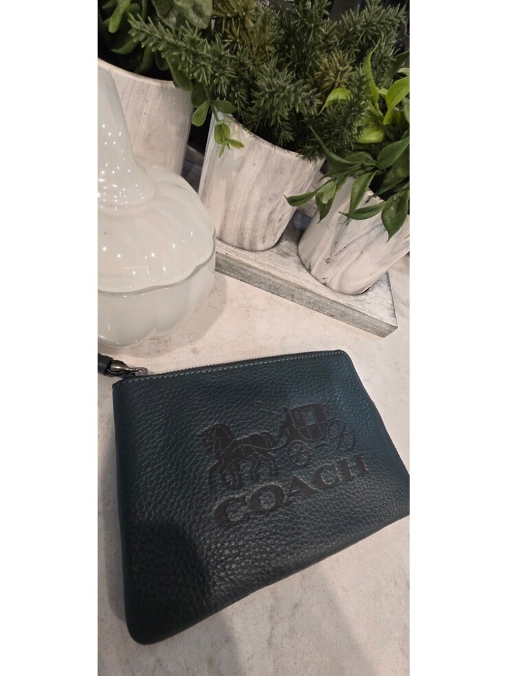 Coach Pebbled Leather Wristlet Pouch in Forrest Green